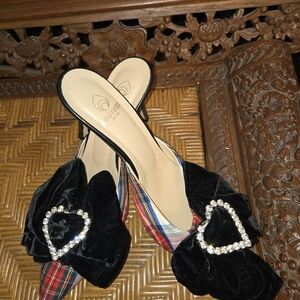Brother Vellies Black Velvet Slide Mules with Crystal Heart